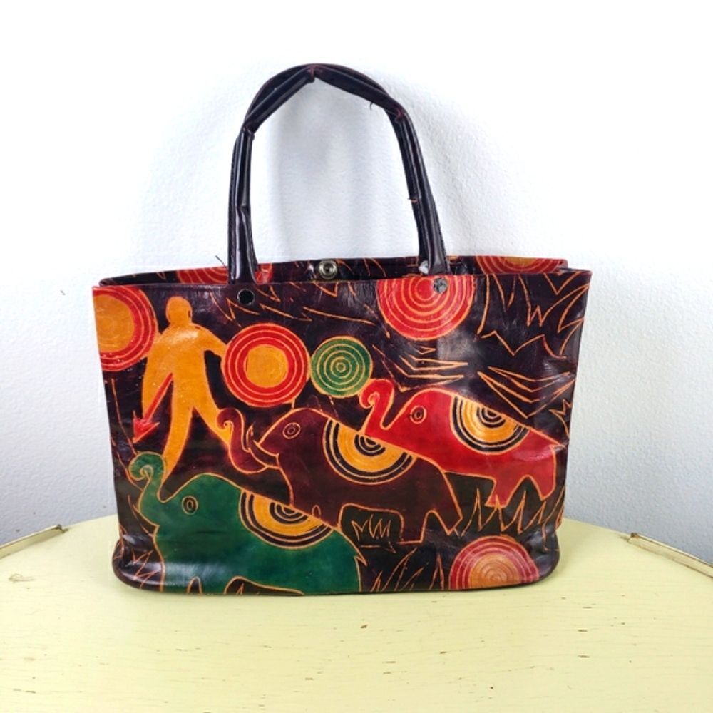 Women's Vintage Handmade Leather Colorful Elephant Snap Handbag Purse - Picture 3 of 12